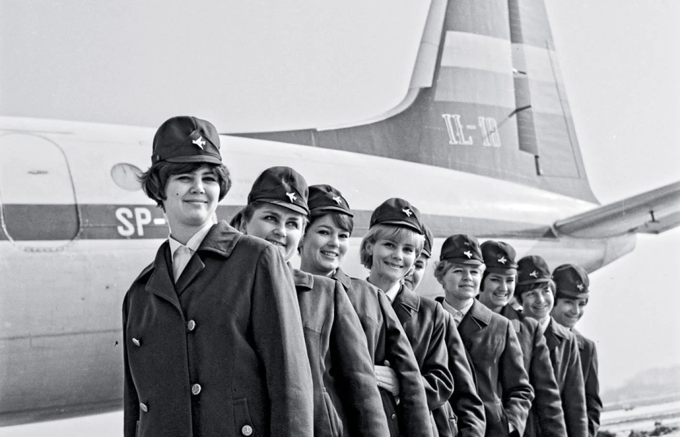 LOT Polish Airlines Flight Attendants in 1968: A Retro Aviation Snapshot — Historical photograph from Post-War Era